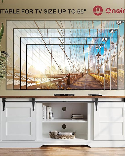 oneinmil TV Stand for 65” TV, Entertainment Center with Storage Cabinets and Sliding Barn Doors, Rustic Media TV Console Table for Living Room, Bedroom, White - LeafyLoom