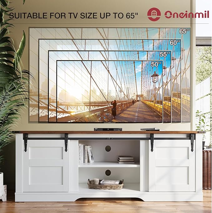oneinmil TV Stand for 65” TV, Entertainment Center with Storage Cabinets and Sliding Barn Doors, Rustic Media TV Console Table for Living Room, Bedroom, White - LeafyLoom