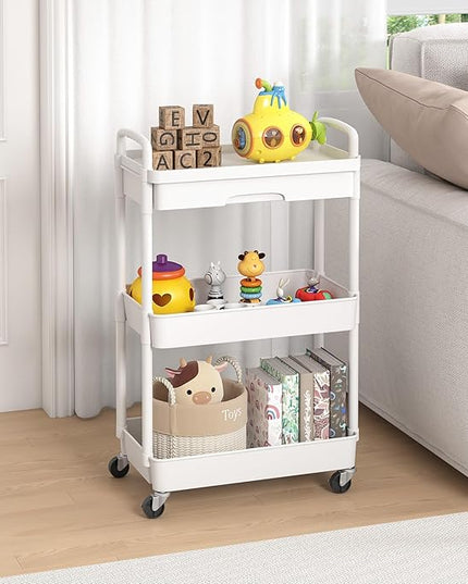 3-Tier Rolling Cart，Trolley with Drawer, Multifunctional Storage Organizer with Plastic Shelf & Metal Wheels, Kitchen Storage Cart for Living Room, Kitchen, Office, Bathroom, White - LeafyLoom