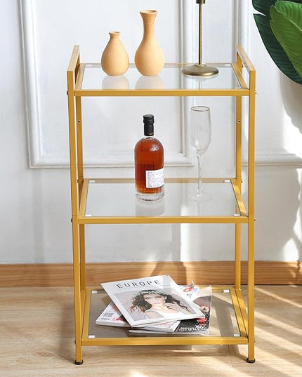 Bookcase, 3-Tier Gold Bookshelf, Slim Shelving Unit for Display Storage Bookshelf Corner Plant Bedroom, Bathroom, Home Office, Tempered Glass, Steel Frame,gold shelf (Gold, Three floors) - LeafyLoom