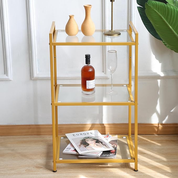 Bookcase, 3-Tier Gold Bookshelf, Slim Shelving Unit for Display Storage Bookshelf Corner Plant Bedroom, Bathroom, Home Office, Tempered Glass, Steel Frame,gold shelf (Gold, Three floors) - LeafyLoom