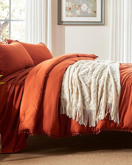 Anluoer King Comforter Set 7 Piece, Burnt Orange Bed in a Bag with Sheets, Pom Pom Boho Bedding Comforter Sets with 1 Comforter, 2 Pillow Shams, 2 Pillowcases, 1 Flat Sheet, 1 Fitted Sheet - LeafyLoom
