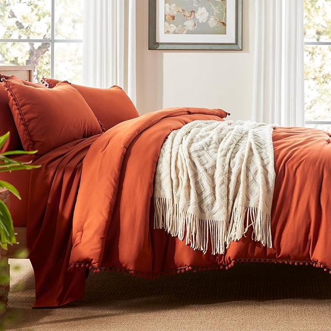 Anluoer King Comforter Set 7 Piece, Burnt Orange Bed in a Bag with Sheets, Pom Pom Boho Bedding Comforter Sets with 1 Comforter, 2 Pillow Shams, 2 Pillowcases, 1 Flat Sheet, 1 Fitted Sheet - LeafyLoom