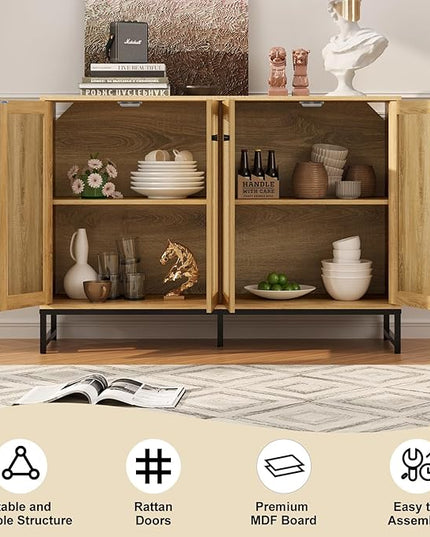 Storage Cabinet, Large Capacity Four-Door Rattan Sideboard with Adjustable Partitions, Metal Cabinet Legs, Modern Elegant Design Accent Cabinet Suitable for Home Office Bar Cafe (Natural Wood) - LeafyLoom