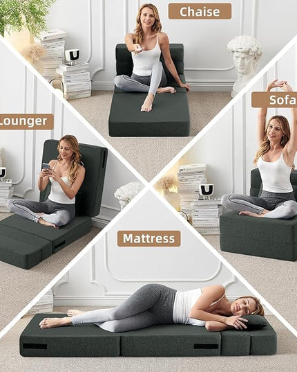 Convertible Folding Sofa Bed - Sleeper Chair with Pillow, Modern Linen Fabric Floor & Futon Couch, Foldable Mattress for Living Room/Dorm/Guest Use/Home Office/Apartment, Single Size, Dark Gray - LeafyLoom