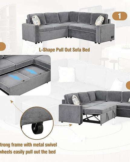 83“ L-Shape Sectional Sleeper Sofa with Pull out Bed, Linen Upholstered Convertible Couch w/ 3 Pillows, 2 Power Sockets &2 USB ports, for Living Room Apartment, 83 Inch, Dark Gray - LeafyLoom