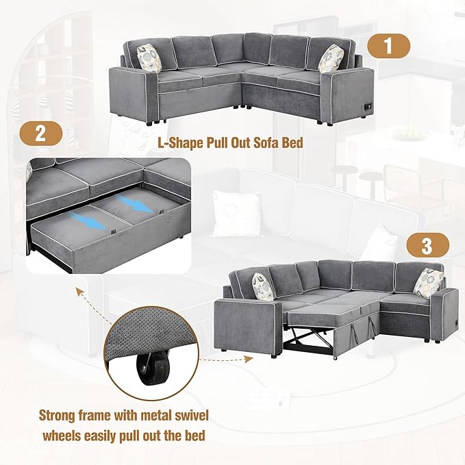 83“ L-Shape Sectional Sleeper Sofa with Pull out Bed, Linen Upholstered Convertible Couch w/ 3 Pillows, 2 Power Sockets &2 USB ports, for Living Room Apartment, 83 Inch, Dark Gray - LeafyLoom