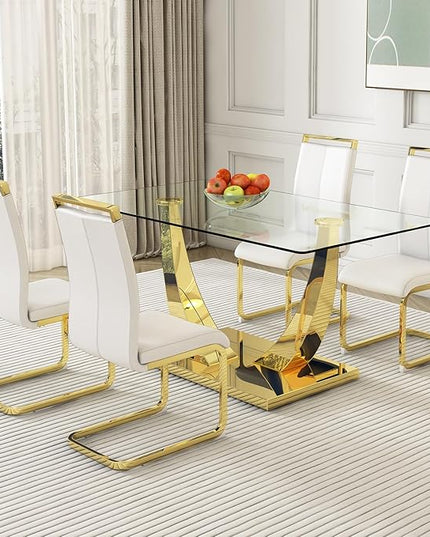 Modern Dining Chairs Set of 4,High Back White Kitchen Chairs,Faux Leather Side Chair with Gold Plated Metal Legs,Easy to Clean Upholstered Dining Chairs,Ideal for Living Room(Gold Leg) - LeafyLoom