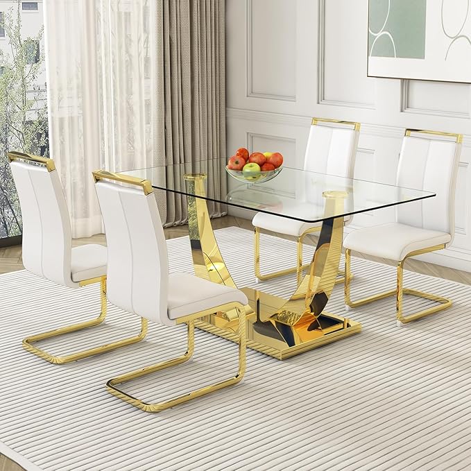 Modern Dining Chairs Set of 4,High Back White Kitchen Chairs,Faux Leather Side Chair with Gold Plated Metal Legs,Easy to Clean Upholstered Dining Chairs,Ideal for Living Room(Gold Leg) - LeafyLoom