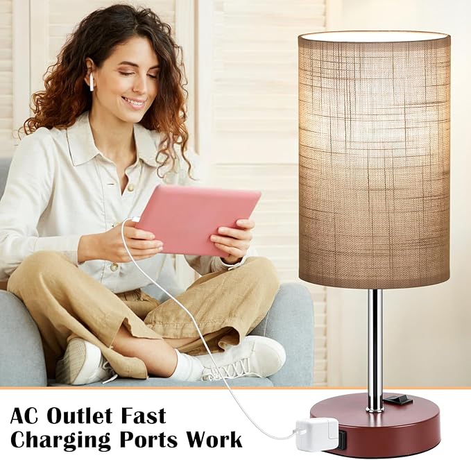 ZJOJO Table Lamp Bedside Lamps for Bedroom, Lamps for Bedrooms Set of 2 with 3 Way Dimmable Using Rocker Switch Nightstand Lamp Night Lamp with AC 2 Outlets for Living Room/Reading Room - LeafyLoom
