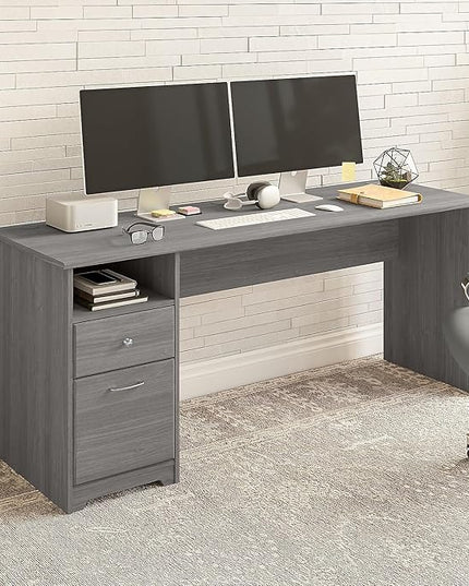 Bush Furniture Cabot Desks for Home Office with Storage and Chrome Hardware | Elegant Computer Table with Drawers, 72W, Modern Gray - LeafyLoom
