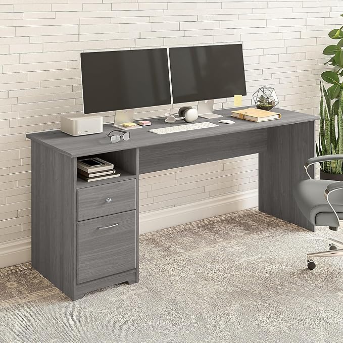 Bush Furniture Cabot Desks for Home Office with Storage and Chrome Hardware | Elegant Computer Table with Drawers, 72W, Modern Gray - LeafyLoom