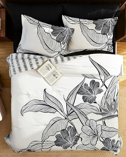 WRENSONGE King Size Comforter Set, 7 Pieces Black and White Floral Comforter Set with Sheets for King Size Bed, Flower Pattern King Bedding Set, Soft Breathable Bed in a Bag King for All Seasons - LeafyLoom