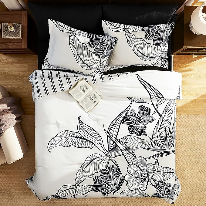 WRENSONGE Twin Comforter Set, 5 Pieces Black and White Floral Comforter Set with Sheets, Flower Bedding Set, Twin Bed in a Bag, Soft Breathable Microfiber for All Seasons - LeafyLoom