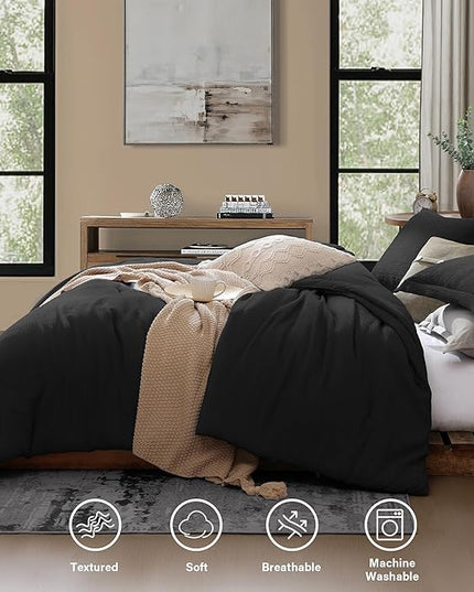 Black King Size Comforter set, Lightweight Comforter for Crinkle Design King Bedding Set, Bed Sets King 3 Piece with Minimalist Comforter & Shams (King, 102"x90") - LeafyLoom