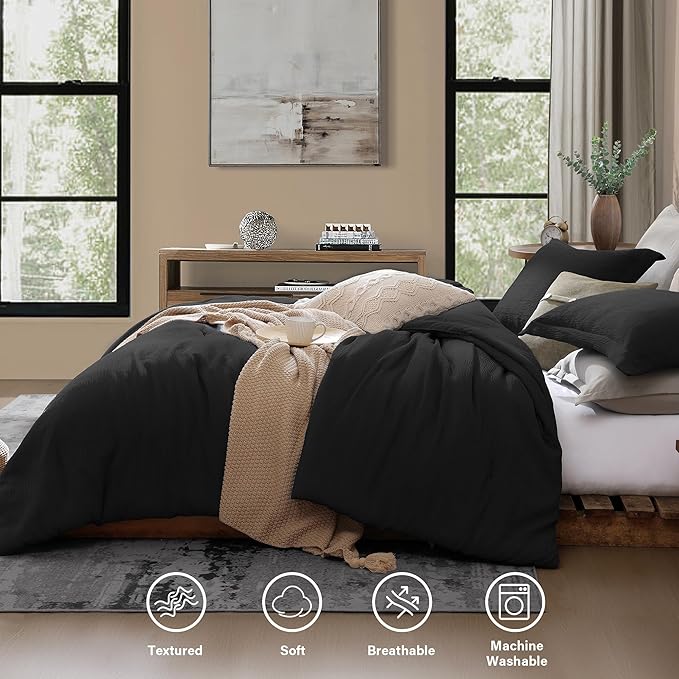 Black King Size Comforter set, Lightweight Comforter for Crinkle Design King Bedding Set, Bed Sets King 3 Piece with Minimalist Comforter & Shams (King, 102"x90") - LeafyLoom