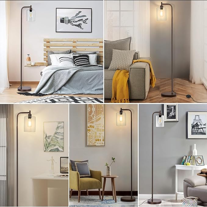 MAXvolador Industrial Floor Lamp, Modern Standing Lamps with Hanging Clear Glass Shade, Classic Reading Tall Pole Light for Living Room Bedroom, Brown - LeafyLoom