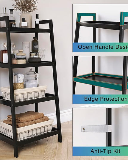SMIBUY Bamboo Bookshelf, Bathroom Storage Rack Organizer, Plant Flower Display Stand Floor Standing with 4 Tier Open Shelves and Handles (Black) - LeafyLoom