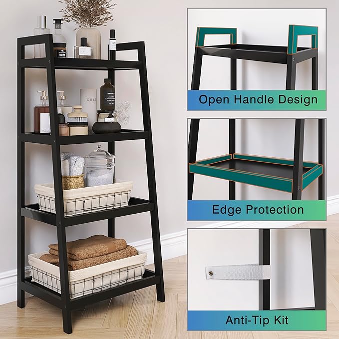 SMIBUY Bamboo Bookshelf, Bathroom Storage Rack Organizer, Plant Flower Display Stand Floor Standing with 4 Tier Open Shelves and Handles (Black) - LeafyLoom