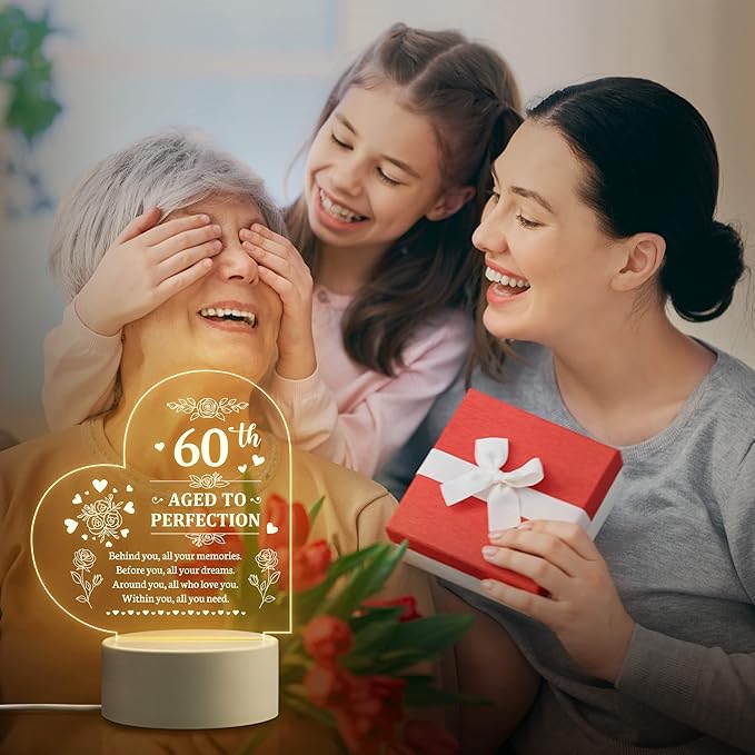 60th Birthday Gifts for Women, 60th Birthday Decorations for Woman -Night Light, 60 Year Old Gifts for Women, Gifts for Women Turning 60, 60th Birthday Gift Ideas - LeafyLoom