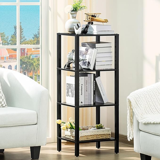 4 Tier Tall Wooden Bookshelf with Storage, Narrow Bookcase for Small Space, Small Book Shelf for Living Room, Office, Bedroom, Kitchen, Industrial, Black - LeafyLoom