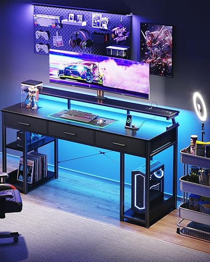 AODK 63 inch Computer Desk with 3 Drawers, Gaming Desk with LED Lights & Power Outlets, Home Office Desk with Storage Shelves & Monitor Stand, Modern Work Study Writing Table for Small Spaces, Black - LeafyLoom