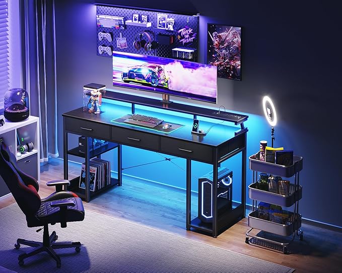 AODK 63 inch Computer Desk with 3 Drawers, Gaming Desk with LED Lights & Power Outlets, Home Office Desk with Storage Shelves & Monitor Stand, Modern Work Study Writing Table for Small Spaces, Black - LeafyLoom