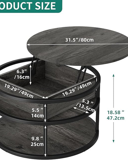 DWVO Round Coffee Tables for Living Room,Lift Top Coffee Table with Storage, Farmhouse Wood Coffee Table,Circle Coffee Tables Living Room for Home Office,Grey - LeafyLoom