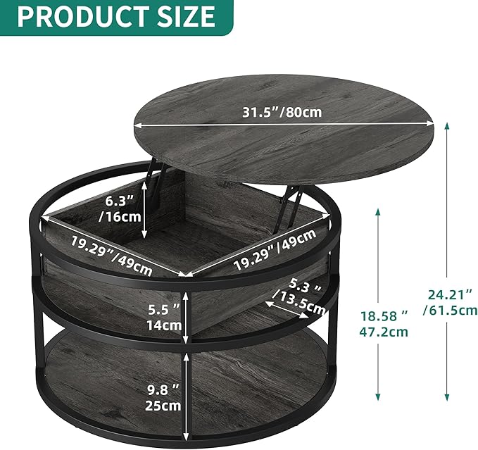 DWVO Round Coffee Tables for Living Room,Lift Top Coffee Table with Storage, Farmhouse Wood Coffee Table,Circle Coffee Tables Living Room for Home Office,Grey - LeafyLoom