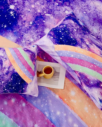 6Pcs Purple Rainbow Twin Size Bedding Set for Girls Gradient Glitter Kids Comforter Sets Tie Dye Girls Bed Set Sparkle Galaxy Bed in A Bag with Sheets - LeafyLoom