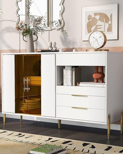 Merax Sideboard Buffet Cabinet with Storage, Light Luxury Style with Acrylic Doors & 3 Drawers, White - LeafyLoom