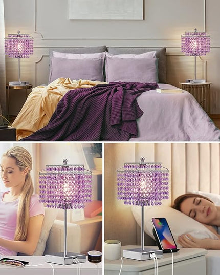Luvkczc Bedside Crystal Table Lamp, Touch Crystal Lamps with USB C+A Ports, 3-Way Dimmable Purple Lamp with Crystal Shade for Girl Bedroom, Living Room, 6W B11 Bulb Included - LeafyLoom