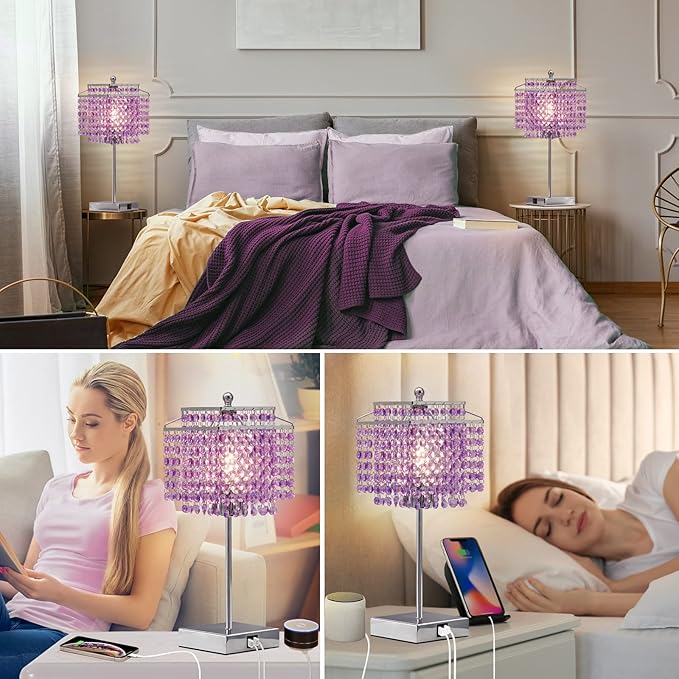 Luvkczc Bedside Crystal Table Lamp, Touch Crystal Lamps with USB C+A Ports, 3-Way Dimmable Purple Lamp with Crystal Shade for Girl Bedroom, Living Room, 6W B11 Bulb Included - LeafyLoom