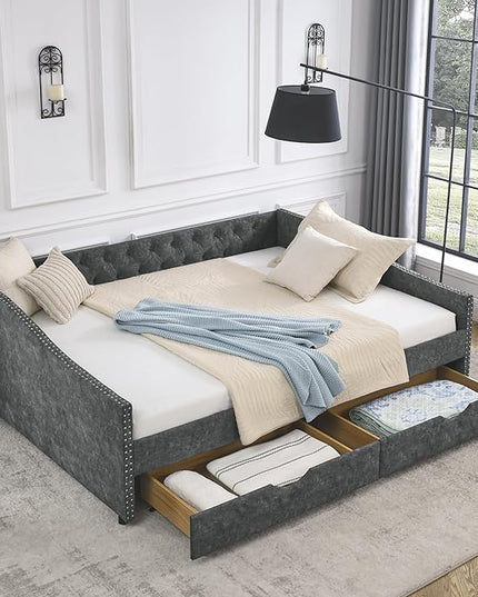 Queen Size Upholstered Daybed with Two Storage Trundle Drawers, Wooden Sofa Bed w/Button Tufted Backrest and Waved Shape Arms, No Box Spring Needed, for Living Room, Bedroom, Dorm, Grey - LeafyLoom