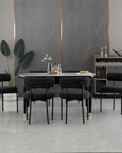 Dining Chairs Set of 6, Boucle Dining Room Chairs Modern Mid-Century Kitchen Chairs Curved Backrest Upholstered Chairs for Dining Room Black Metal Legs, Black - LeafyLoom