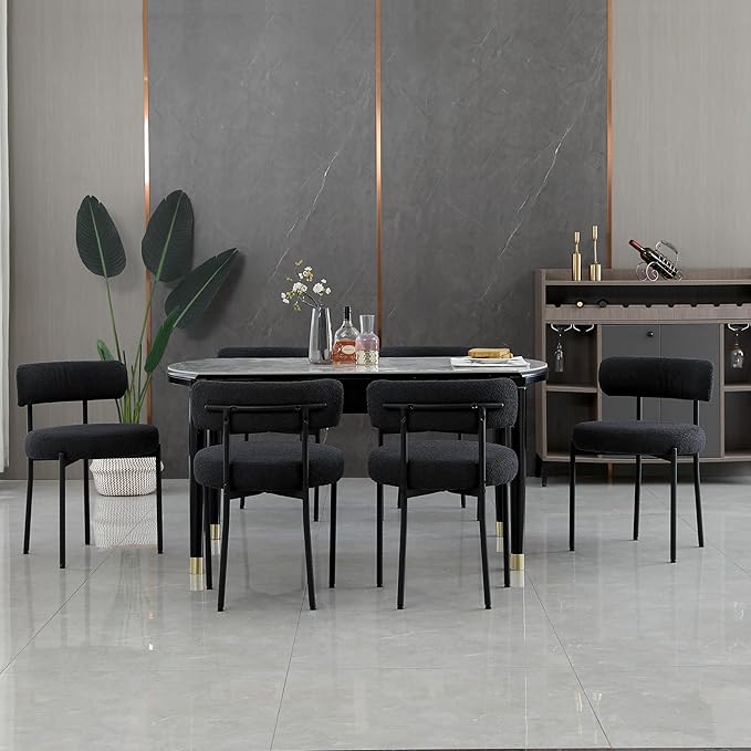 Dining Chairs Set of 6, Boucle Dining Room Chairs Modern Mid-Century Kitchen Chairs Curved Backrest Upholstered Chairs for Dining Room Black Metal Legs, Black - LeafyLoom
