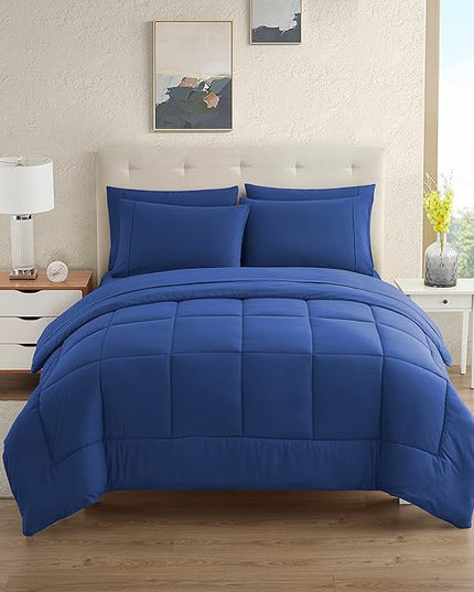 Dorm Room Essentials College Bedding Comforter Set 5 Piece Twin Size Bed in a Bag for College Students Boys and Girls, Twin, Royal Blue - LeafyLoom