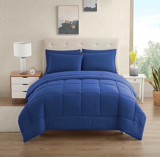 Dorm Room Essentials College Bedding Comforter Set 7 Piece Full Size Bed in a Bag for College Students Boys and Girls, Full, Royal Blue - LeafyLoom