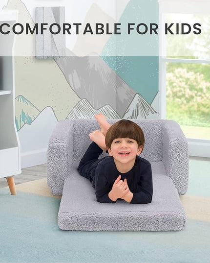 Delta Children Cozee Flip-Out Sherpa 2-in-1 Convertible Chair to Lounger for Kids, Grey - LeafyLoom