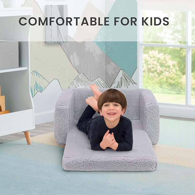 Delta Children Cozee Flip-Out Sherpa 2-in-1 Convertible Chair to Lounger for Kids, Grey - LeafyLoom