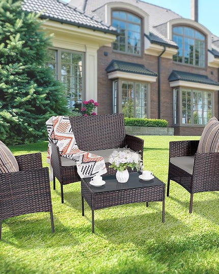 Patio Furniture Set 4 Pieces Conversation Sets Outdoor Wicker Rattan Chairs Garden Backyard Balcony Porch Poolside Loveseat with Soft Cushion and Tempered Glass Table(Brown/Grey) - LeafyLoom