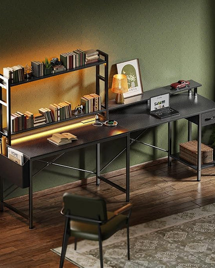 L Shaped Desk Computer Desk with LED Lights & Power Outlets, Gaming Desk with Storage Shelves, Corner Desk Home Office Desks for Bedroom, Carbon Fiber Black - LeafyLoom