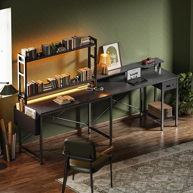 L Shaped Desk Computer Desk with LED Lights & Power Outlets, Gaming Desk with Storage Shelves, Corner Desk Home Office Desks for Bedroom, Carbon Fiber Black - LeafyLoom