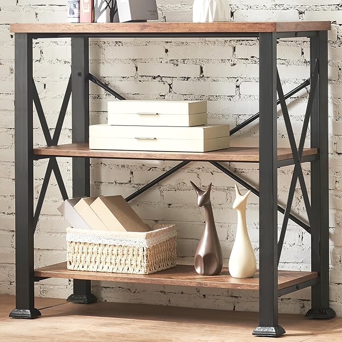 HOMBAZAAR Bookshelf, 3-Tier Industrial Bookshelf, Etagere Bookcases and Bookshelves, Small Bookshelf Storage Organizer, Freestanding Bookshelf for Living Room, Bedroom and Home Office, Brown - LeafyLoom