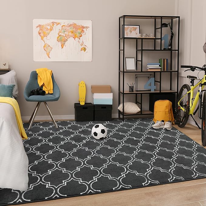 Chicrug Shag Geometric Modern Area Rug for Bedroom, 4x6 Feet Memory Foam Indoor Carpet, Fluffy Rug for Living room Bedside Room Decor for Family Girls Kids Nursery Play Mat, Dark Grey/White - LeafyLoom