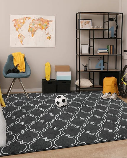 Chicrug Shag Geometric Modern Area Rug for Bedroom, 6x9 Feet Memory Foam Indoor Carpet, Fluffy Rug for Living room Bedside Room Decor for Family Girls Kids Nursery Play Mat, Dark Grey/White - LeafyLoom