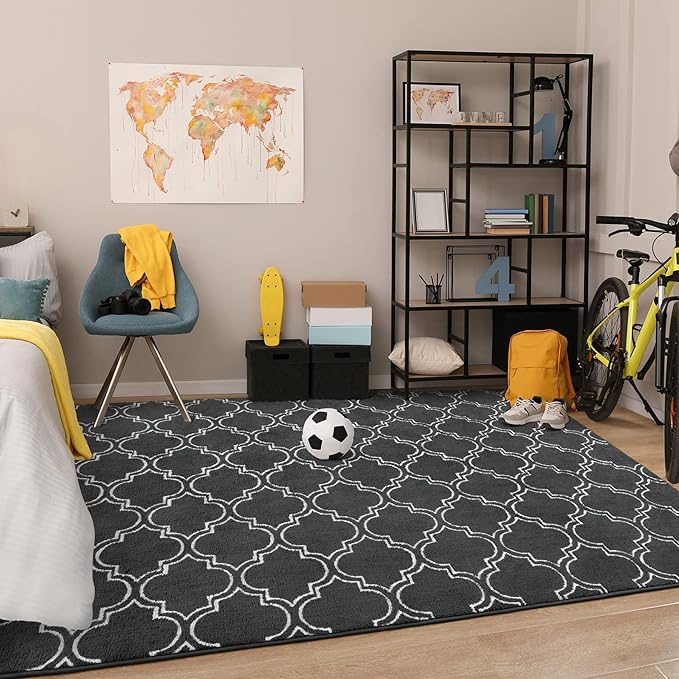 Chicrug Shag Geometric Modern Area Rug for Bedroom, 6x9 Feet Memory Foam Indoor Carpet, Fluffy Rug for Living room Bedside Room Decor for Family Girls Kids Nursery Play Mat, Dark Grey/White - LeafyLoom