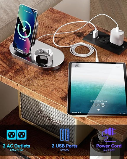Furologee Nightstand with Charging Station, End Table with LED Lights, Bedside Table with USB Ports & Outlets, Night Stands with 2 Drawers, Side Table for Living Room/Bedroom - LeafyLoom