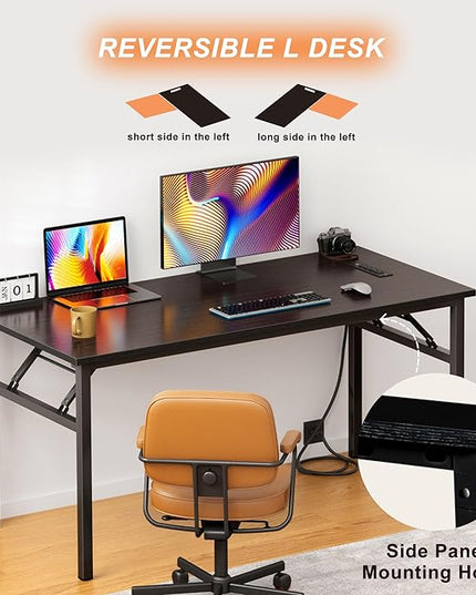 DlandHome Reversible L-Shaped Desk with Monitor Stand,LED Lighting Computer Desk with Power Outlets,Home Office Table Computer Workstation, Black - LeafyLoom