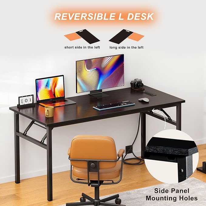 DlandHome Reversible L-Shaped Desk with Monitor Stand,LED Lighting Computer Desk with Power Outlets,Home Office Table Computer Workstation, Black - LeafyLoom